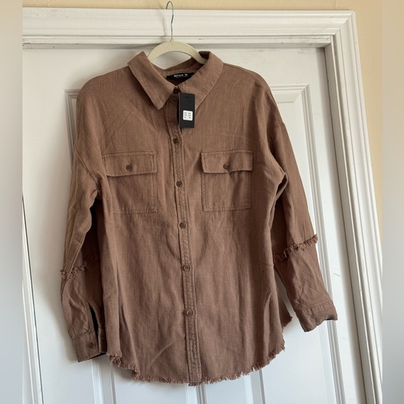 blue b Tops - New Blue B Medium Brown Distressed Bottom Linen Cotton Shirt Jacket Shacket